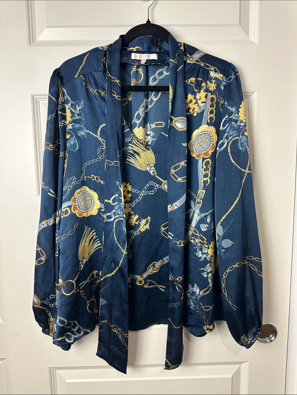 WAYF Navy Floral Chain Print Tie-Neck Blouse Sheer Lightweight Large
